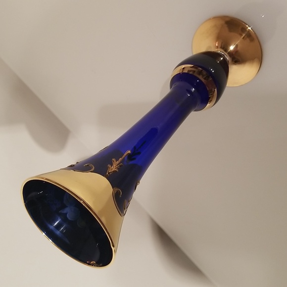 70s Vintage 24 Carat Gilded Venetian Cobalt Blue Blown Glass Bud Vase - Picture 12 of 17